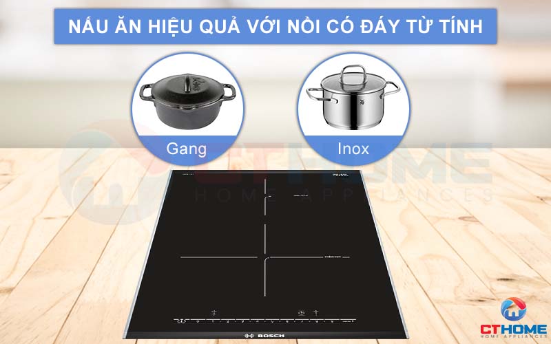 Lựa chọn nồi chảo có đáy từ tính giúp nấu ăn hiệu quả hơn trên bếp từ Bosch PIB375FB1E.