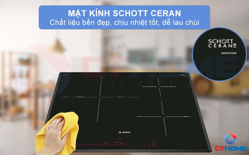 Mặt kính Schott Ceran đen bóng bền đẹp, chịu nhiệt tốt và dễ vệ sinh.