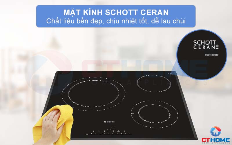 Mặt kính Schott Ceran bền đẹp, chịu nhiệt tốt và dễ lau chùi.