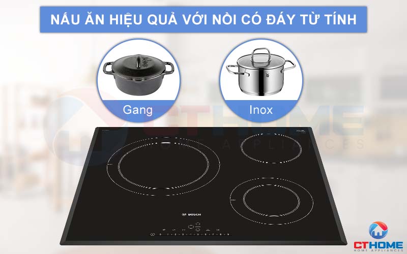 Nấu ăn hiệu quả khi sử dụng các nồi chảo có đáy từ tính trên bếp điện Bosch PKK651FP1E.