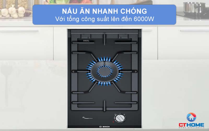 Tổng công suất bếp gas PRA3A6D70 lên đến 6.000W.