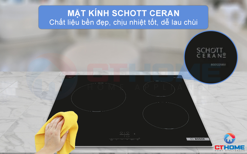 Bếp từ Bosch PUC611BB5E được trang bị mặt kính Schott Ceran, với chất liệu chính từ gạch Ceramic