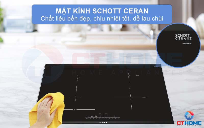 Trang bị mặt kính Schott Ceran bền đẹp, chịu nhiệt tốt và dễ dàng vệ sinh.