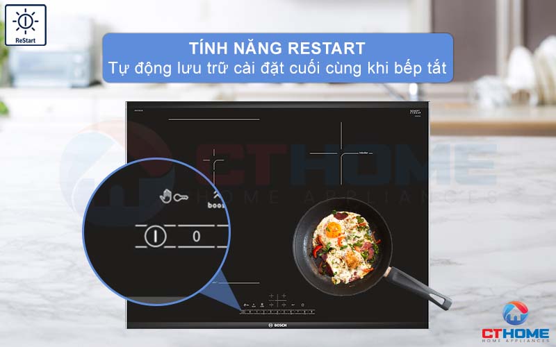 Lưu trữ cài đặt máy trước khi tắt bếp với ReStart trên bếp từ Bosch PVS775FC5E.