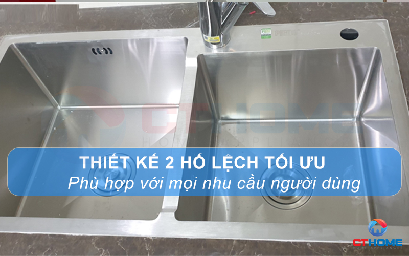 Thiết kế chậu 2 hố lệch rộng rãi, phù hợp với từng nhu cầu người dùng