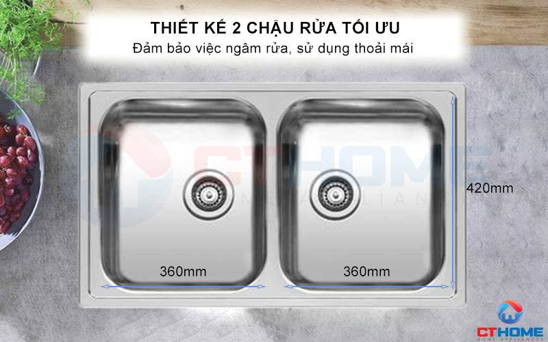 Thiết kế 2 chậu tiện lợi, đảm bảo việc ngâm rửa vật dụng hiệu quả