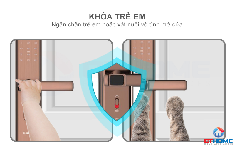 Khóa an toàn ngăn trẻ em và vật nuôi vô tình mở cửa khi chạm vào