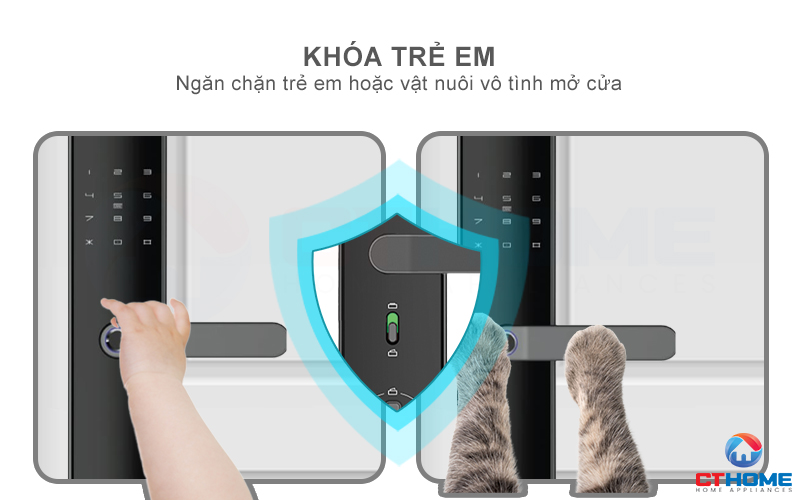 Khóa an toàn ngăn trẻ em hoặc vật nuôi vô tình mở cửa khi chạm vào
