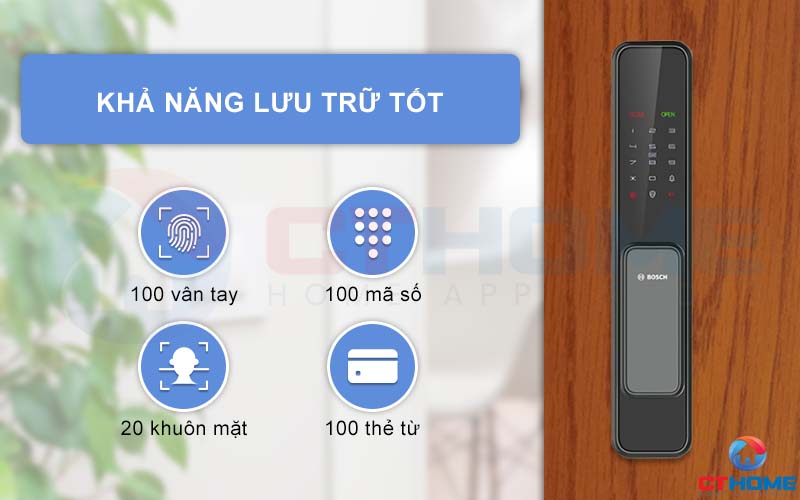 Khóa Bosch EL600B có khả năng lưu trữ thông tin tốt với số lượng mật khẩu người dùng lưu trữ tương đối lớn