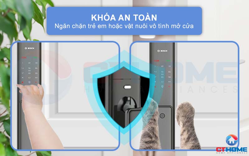 Tính năng khóa an toàn, ngăn trẻ em hoặc vật nuôi chạm vào và mở cửa