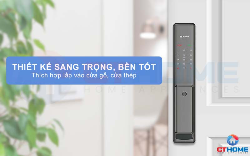 Thiết kế khóa điện tử Bosch FU750 sang trọng, bền tốt, thích hợp lắp vào cửa gỗ, thép