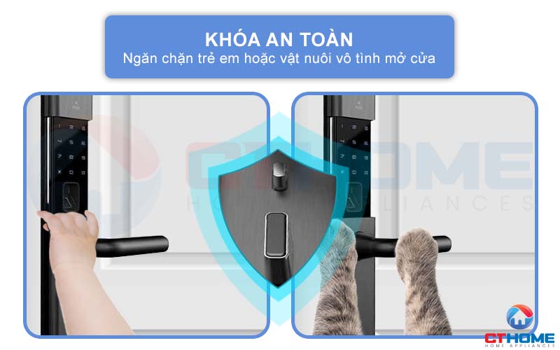 Thiết kế khóa an toàn, ngăn trẻ em hoặc vật nuôi vô tình chạm vào và mở cửa