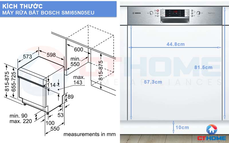 Kích thước máy rửa bát Bosch SMI65N05EU và tấm ốp gỗ