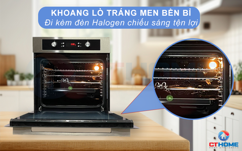 Khoang lò tráng men, bền bỉ và đi kèm đèn Halogen chiếu sáng