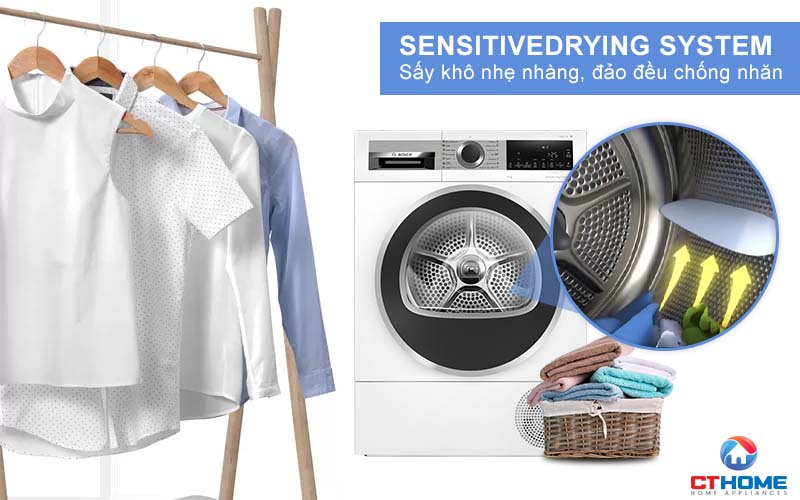 Sấy nhẹ nhàng, đảo đều chống nhăn nhờ hệ thống Sensitive Drying System