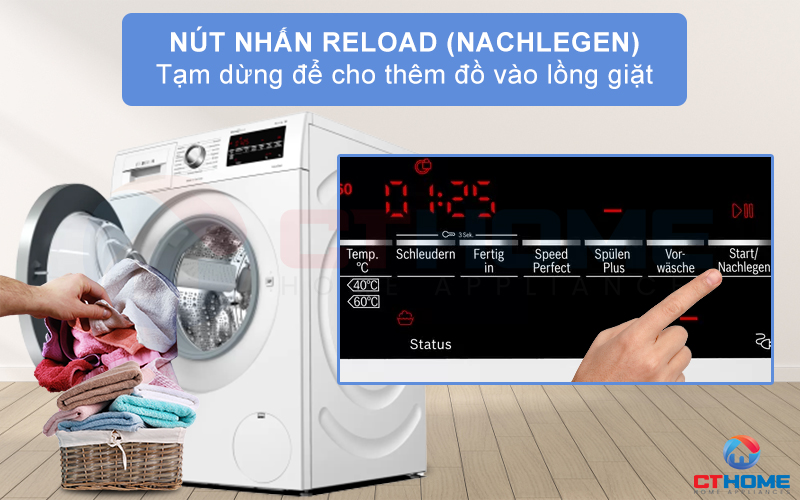 Reload (Nachlegen) của máy giặt Bosch WAG28492 cho phép người dùng thêm quần áo vào lồng máy một cách dễ dàng hơn