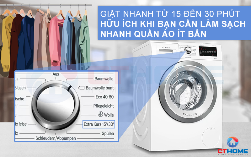 Giặt nhanh 15 phút hoặc 30 phút Extra Kurz (Super Quick) giúp giảm thời gian giặt hơn