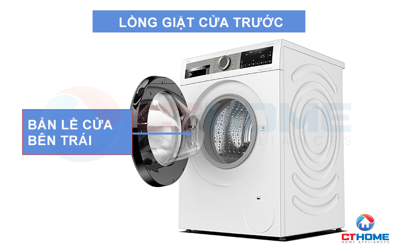 Lồng máy giặt được thiết kế cửa trước, bản lề trái cho góc mở tối đa đến 165° độ