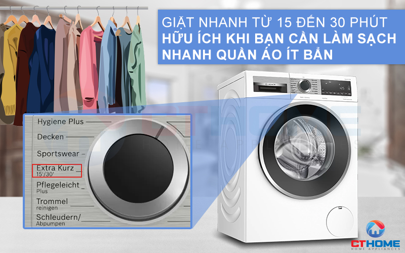 Giặt nhanh 15 phút hoặc 30 phút Extra Kurz giúp giảm thời gian giặt hơn