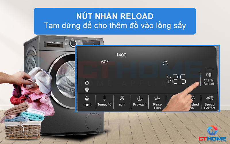 Nhấn Reload để tạm dừng máy và thêm quần áo vào lồng máy