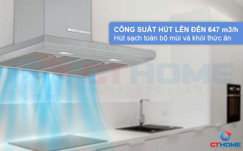 Công suất hút 647 m3/h hút sạch toàn bộ mùi và khói thức ăn