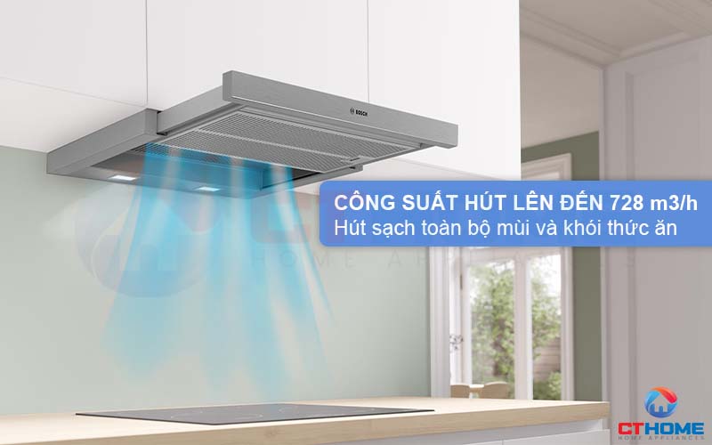 Công suất hút 728 m3/h hút sạch mùi và khói thức ăn, trả lại không khí tươi mát