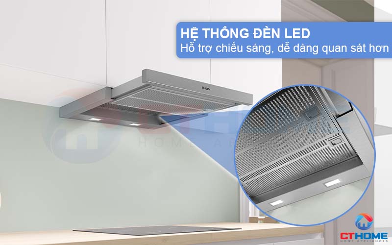 Hệ thống đèn LED hỗ trợ chiếu sáng, dễ dàng quan sát khu vực bếp