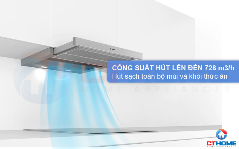 Công suất hút tối đa 728 m³/h hút sạch toàn bộ mùi và khói thức ăn