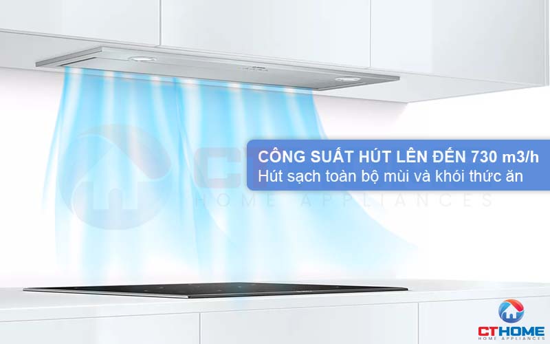 Công suất hút tối đa 730 m3/h hút sạch khói và mùi thức ăn