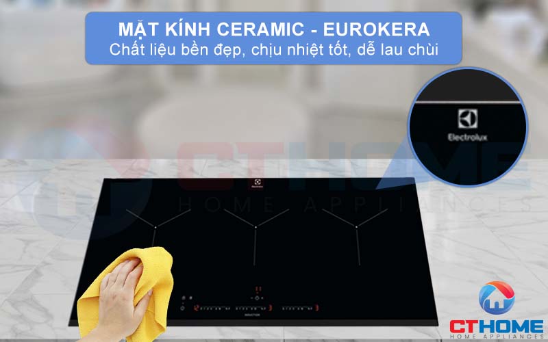 Mặt kính Ceramic - Eurokera của bếp từ ba vùng nấu EIT913