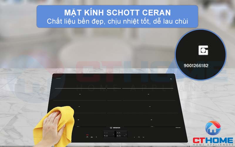 Mặt kính Schott Ceran có chất liệu bền đẹp, chịu nhiệt tốt, dễ lau chùi.