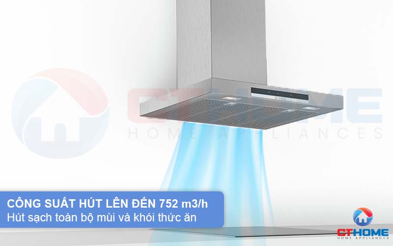 Công suất hút tối đa 752 m3/h hút sạch toàn bộ mùi và khói thức ăn