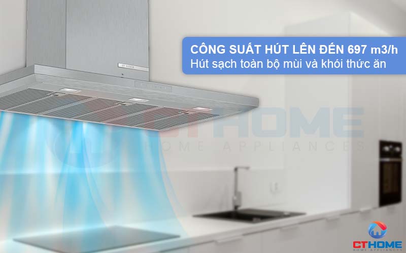 Công suất hút 697 m3/h hút sạch toàn bộ mùi và khói thức ăn