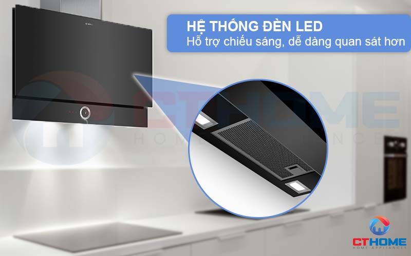 Hệ thống đèn LED trong máy hút mùi gắn tường Bosch giúp hỗ trợ chiếu sáng