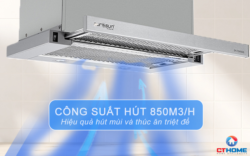 Công suất hút tối đa đến 850m3/h hút sạch mùi thức ăn, tạo không khí sạch sẽ