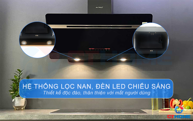 Lưới lọc nan Inox cao cấp cùng hệ thống đèn LED chiếu sáng, dễ dàng quan sát căn bếp khi sử dụng