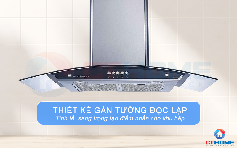 Thiết kế máy hút mùi gắn tường kính cong sang trọng, tạo điểm nhấn cho căn bếp