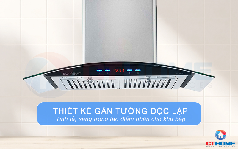 Thiết kế máy hút mùi gắn tường kính cong sang trọng, tạo điểm nhấn cho căn bếp