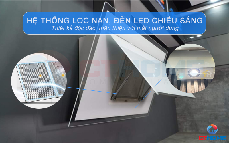 Lưới lọc nan Inox cao cấp cúng hệ thống đèn LED chiếu sáng, dễ dàng quan sát căn bếp khi sử dụng