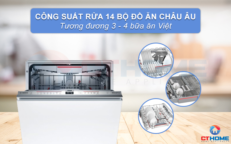 Công suất rửa lên đến 14 bộ đồ ăn Châu Âu