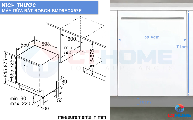 Kích thước máy rửa bát Bosch SMD6ECX57E serie 6 và tấm ốp gỗ.