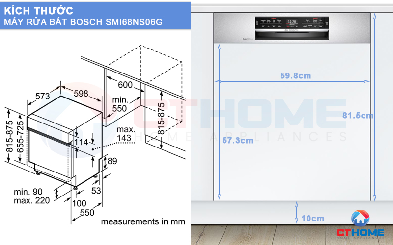 Kích thước máy rửa bát Bosch SMI68NS06G và tấm ốp gỗ