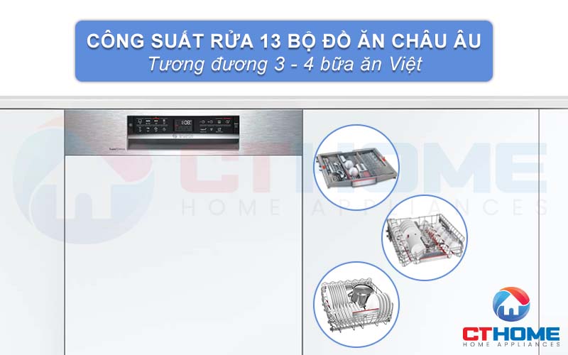 Máy rửa bát Bosch SMI68NS07E có công suất rửa lên tới 13 bộ đồ ăn Châu Âu