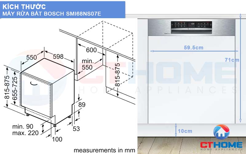 Kích thước máy rửa bát Bosch SMI68NS07E và tấm ốp gỗ