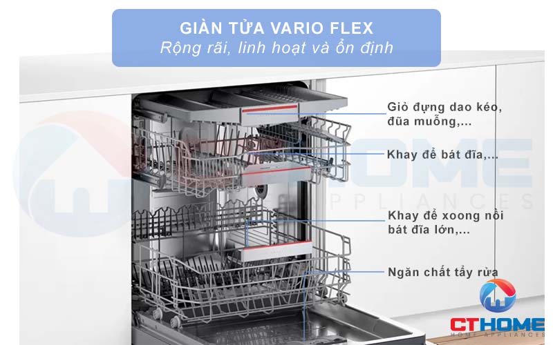 Hệ thống giàn rửa VarioFlex rộng rãi và ổn định, thuận tiện xếp bát đĩa vào máy