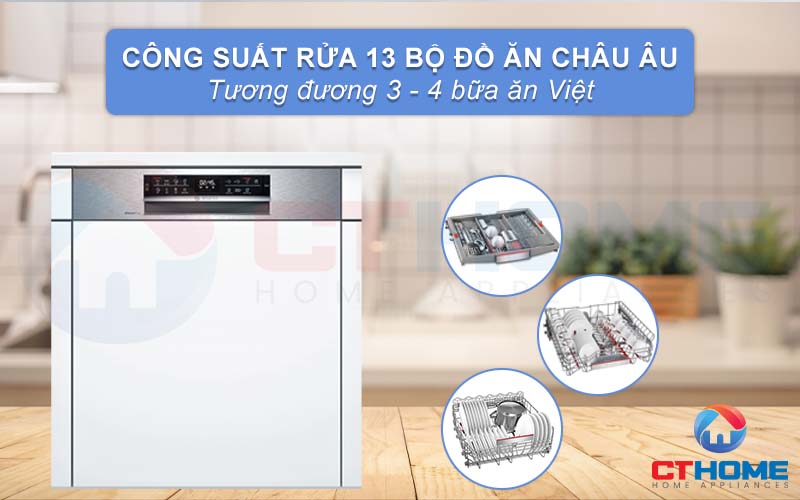 Máy rửa bát serie 6 Bosch SMI6ECS93E có thể rửa tối đa 13 bộ đồ ăn châu Âu.