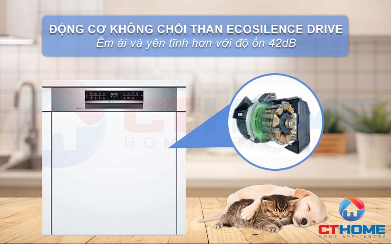 Độ ồn của máy rửa chén Bosch SMI6ECS93E chỉ 42dB nhờ động cơ EcoSilence Drive.