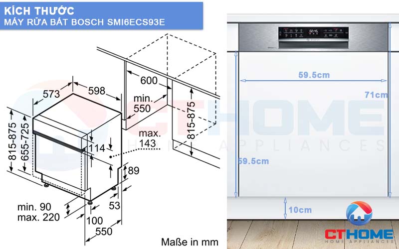 Kích thước máy rửa bát Bosch bán âm SMI6ECS93E và tấm ốp gỗ 