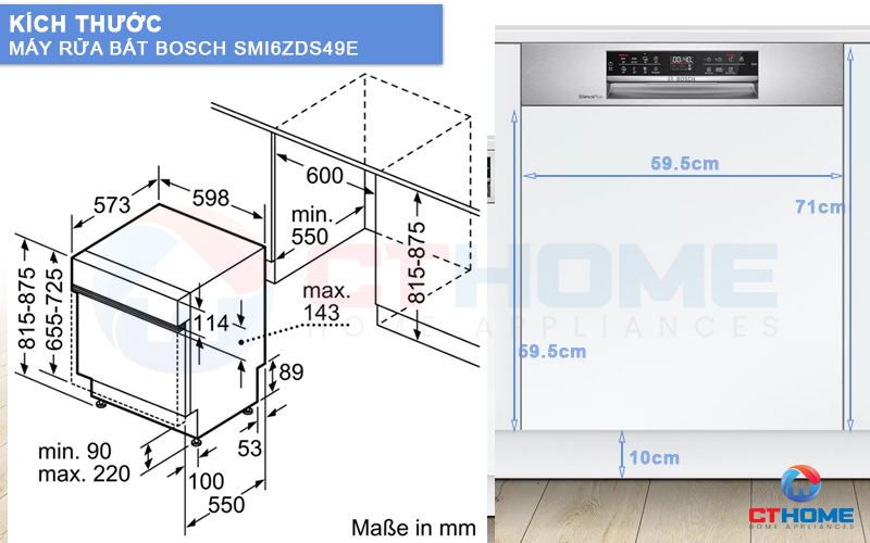 Kích thước máy rửa bát và tấm ốp gỗ