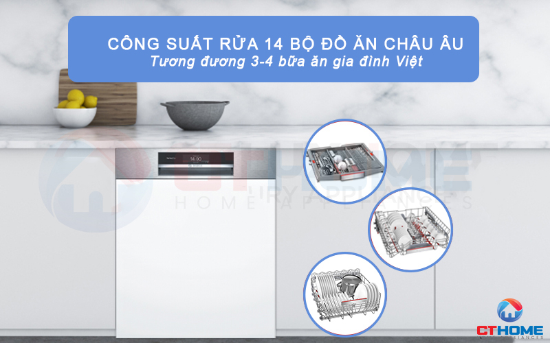 Máy rửa chén Bosch SMI8YCS01E có thể rửa tối đa 14 bộ đồ ăn châu Âu.